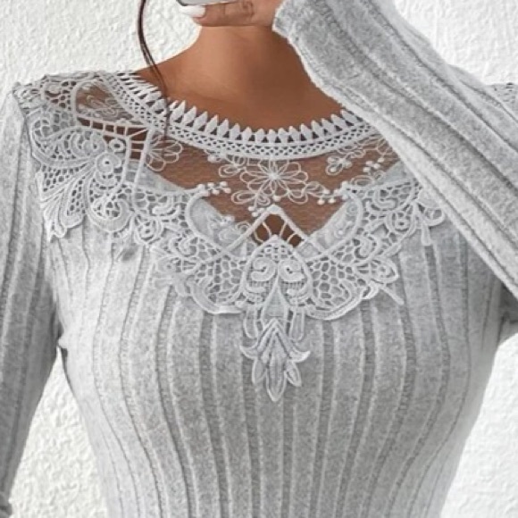 Grey Rib Knit Lace Neck Top in XS - Picture 3 of 5